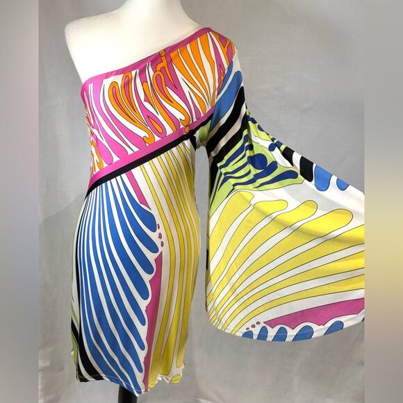 Analili stunning colorful one shoulder flare abstract retro bodycon dress medium - Picture 3 of 8